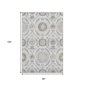 HomeRoots 8' X 10' Silver Gray & Beige Floral Washable Area Rug - Durable, Stylish, UV-Protected & Easy Care 663243