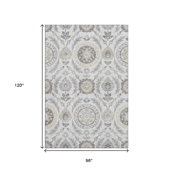 HomeRoots 8' X 10' Silver Gray & Beige Floral Washable Area Rug - Durable, Stylish, UV-Protected & Easy Care 663243