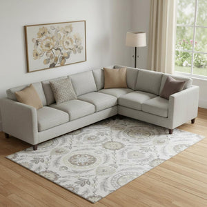HomeRoots 8' X 10' Silver Gray & Beige Floral Washable Area Rug - Durable, Stylish, UV-Protected & Easy Care 663243