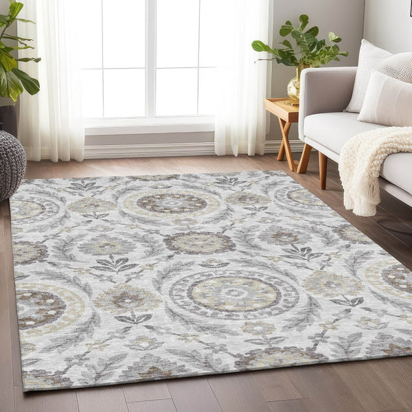HomeRoots 8' X 10' Silver Gray & Beige Floral Washable Area Rug - Durable, Stylish, UV-Protected & Easy Care 663243