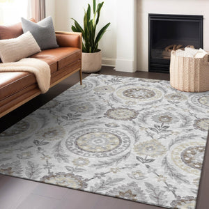 HomeRoots 8' X 10' Silver Gray & Beige Floral Washable Area Rug - Durable, Stylish, UV-Protected & Easy Care 663243