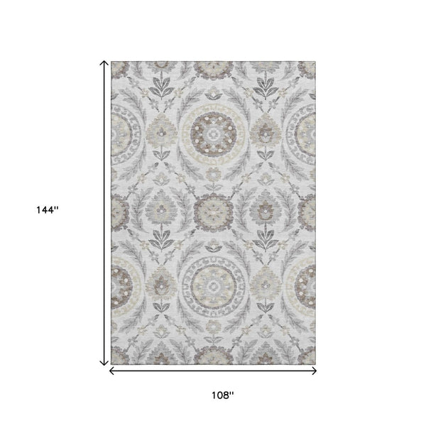 HomeRoots 9' X 12' Silver Gray Beige Floral Area Rug - Washable, UV Protected, Durable for Family Spaces 663244