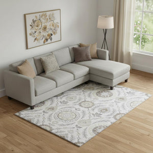 HomeRoots 9' X 12' Silver Gray Beige Floral Area Rug - Washable, UV Protected, Durable for Family Spaces 663244
