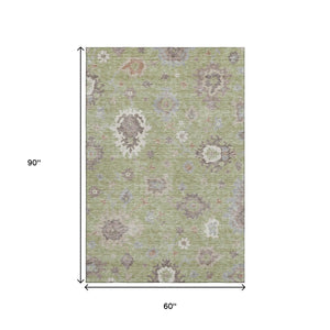 HomeRoots 5' X 8' Artichoke Green Floral Medallion Area Rug - Washable, Durable, UV-Protected, Stain-Resistant 663259