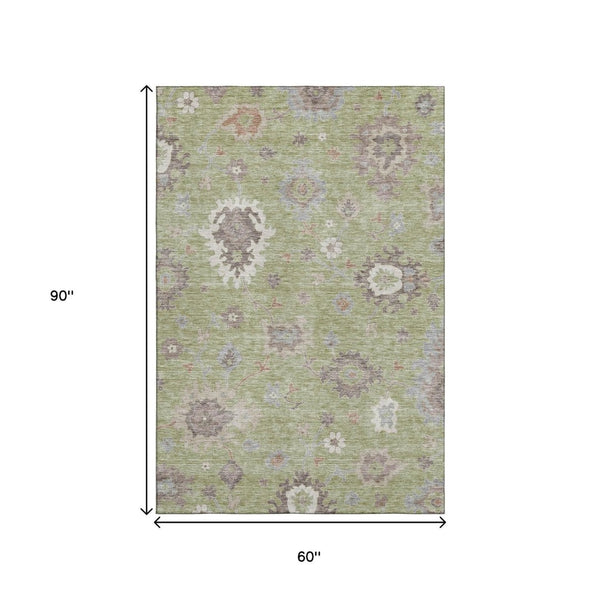 HomeRoots 5' X 8' Artichoke Green Floral Medallion Area Rug - Washable, Durable, UV-Protected, Stain-Resistant 663259