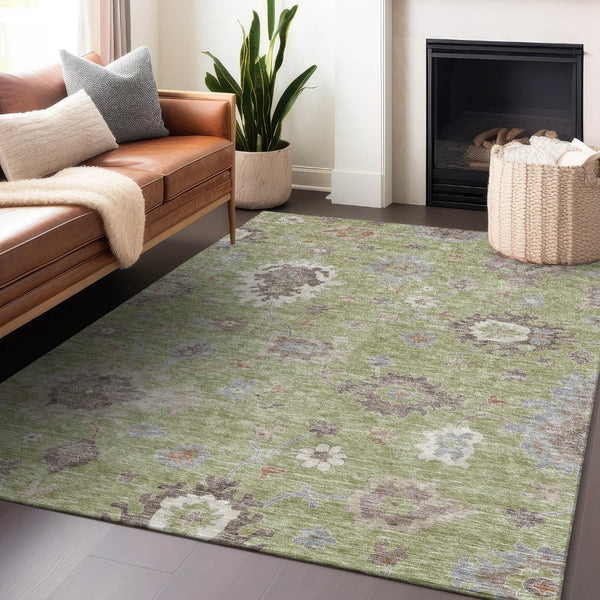 HomeRoots 5' X 8' Artichoke Green Floral Medallion Area Rug - Washable, Durable, UV-Protected, Stain-Resistant 663259