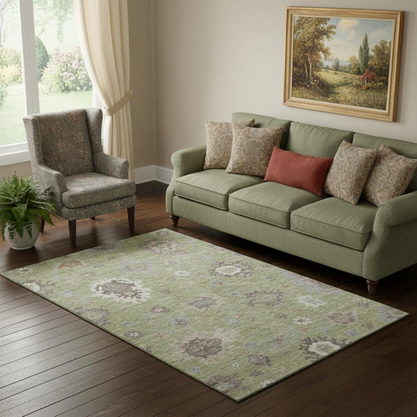 HomeRoots 5' X 8' Artichoke Green Floral Medallion Area Rug - Washable, Durable, UV-Protected, Stain-Resistant 663259