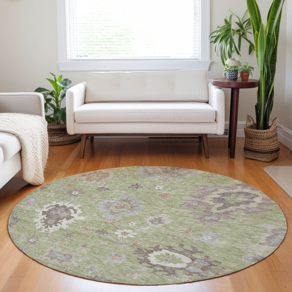 HomeRoots 8' Washable Round Rug with Artichoke Green Floral Medallion, UV Protection & Stain Resistance 663260