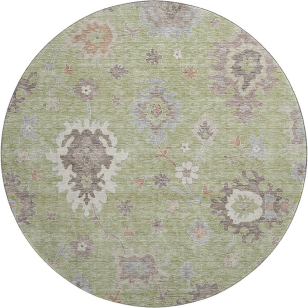 HomeRoots 8' Washable Round Rug with Artichoke Green Floral Medallion, UV Protection & Stain Resistance 663260