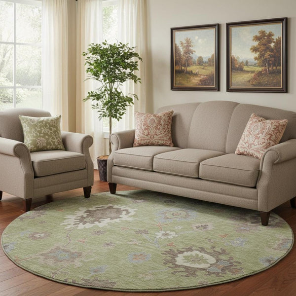 HomeRoots 8' Washable Round Rug with Artichoke Green Floral Medallion, UV Protection & Stain Resistance 663260