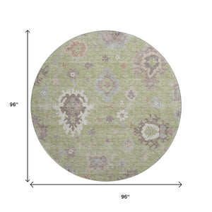 HomeRoots 8' Washable Round Rug with Artichoke Green Floral Medallion, UV Protection & Stain Resistance 663260