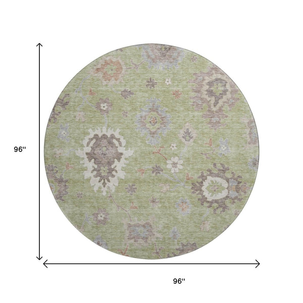 HomeRoots 8' Washable Round Rug with Artichoke Green Floral Medallion, UV Protection & Stain Resistance 663260