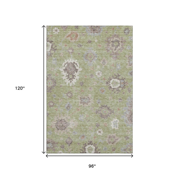 HomeRoots 8' X 10' Artichoke Green Floral Medallion Area Rug – Washable, UV-Protected, Stylish & Durable 663261