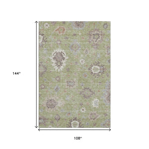 HomeRoots 9' X 12' Elegant Artichoke Green Floral Medallion Area Rug - Washable, UV Protected & Stain Resistant! 663262