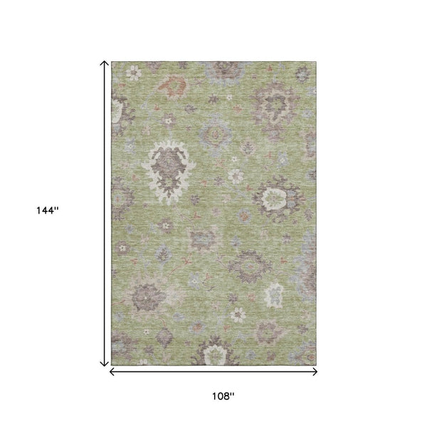 HomeRoots 9' X 12' Elegant Artichoke Green Floral Medallion Area Rug - Washable, UV Protected & Stain Resistant! 663262
