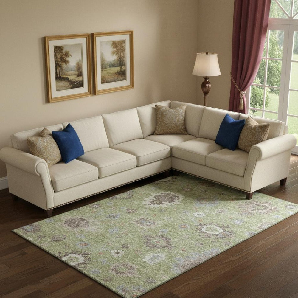 HomeRoots 9' X 12' Elegant Artichoke Green Floral Medallion Area Rug - Washable, UV Protected & Stain Resistant! 663262