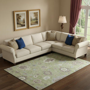 HomeRoots 9' X 12' Elegant Artichoke Green Floral Medallion Area Rug - Washable, UV Protected & Stain Resistant! 663262