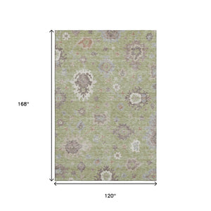HomeRoots 10' Artichoke Green Beige Floral Medallion Washable Area Rug with UV Protection for Family Spaces 663263