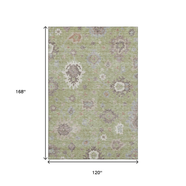 HomeRoots 10' Artichoke Green Beige Floral Medallion Washable Area Rug with UV Protection for Family Spaces 663263