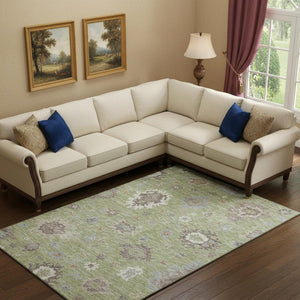 HomeRoots 10' Artichoke Green Beige Floral Medallion Washable Area Rug with UV Protection for Family Spaces 663263