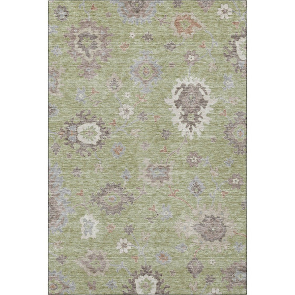 HomeRoots 10' Artichoke Green Beige Floral Medallion Washable Area Rug with UV Protection for Family Spaces 663263