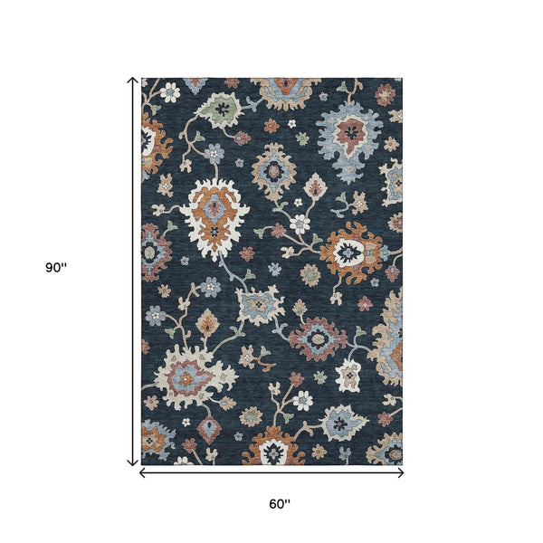 HomeRoots 5' X 8' Floral Medallion Area Rug in Black, Blue & Ivory - Washable, Stain-Resistant, UV Protected! 663265
