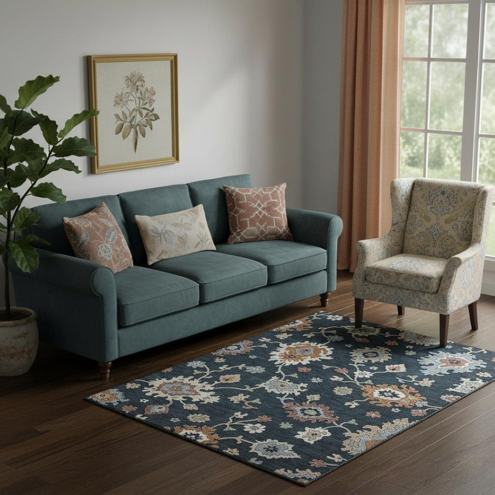 HomeRoots 5' X 8' Floral Medallion Area Rug in Black, Blue & Ivory - Washable, Stain-Resistant, UV Protected! 663265