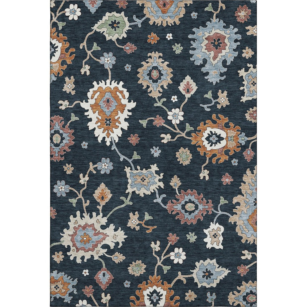 HomeRoots 5' X 8' Floral Medallion Area Rug in Black, Blue & Ivory - Washable, Stain-Resistant, UV Protected! 663265