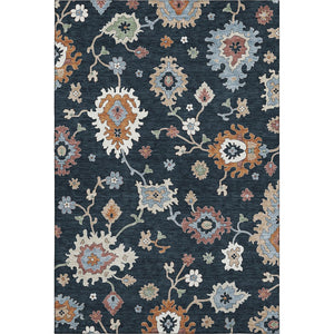 HomeRoots 5' X 8' Floral Medallion Area Rug in Black, Blue & Ivory - Washable, Stain-Resistant, UV Protected! 663265