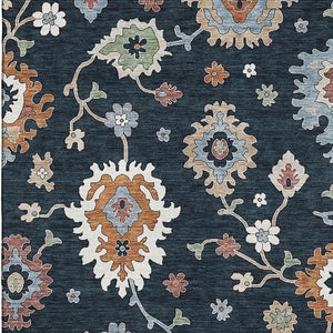 HomeRoots 5' X 8' Floral Medallion Area Rug in Black, Blue & Ivory - Washable, Stain-Resistant, UV Protected! 663265