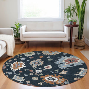 HomeRoots 8' Black Blue Ivory Floral Medallion Round Rug - Washable, UV Protected, Stain Resistant Design! 663266