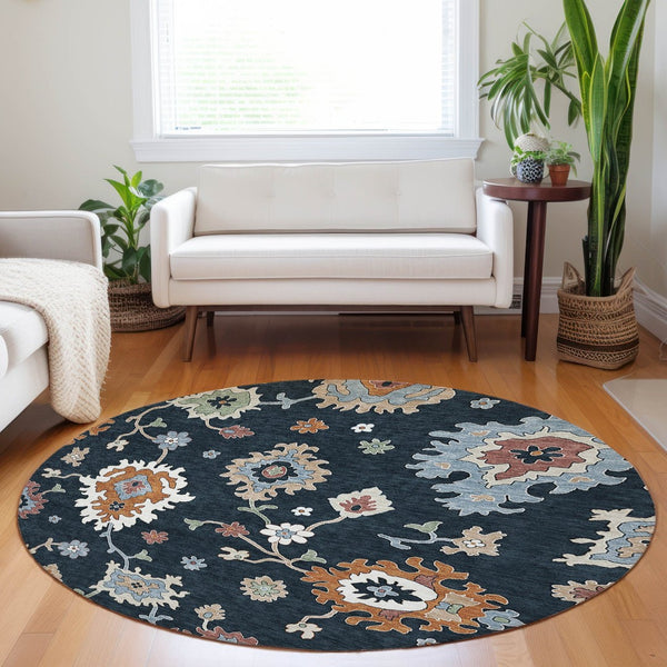 HomeRoots 8' Black Blue Ivory Floral Medallion Round Rug - Washable, UV Protected, Stain Resistant Design! 663266