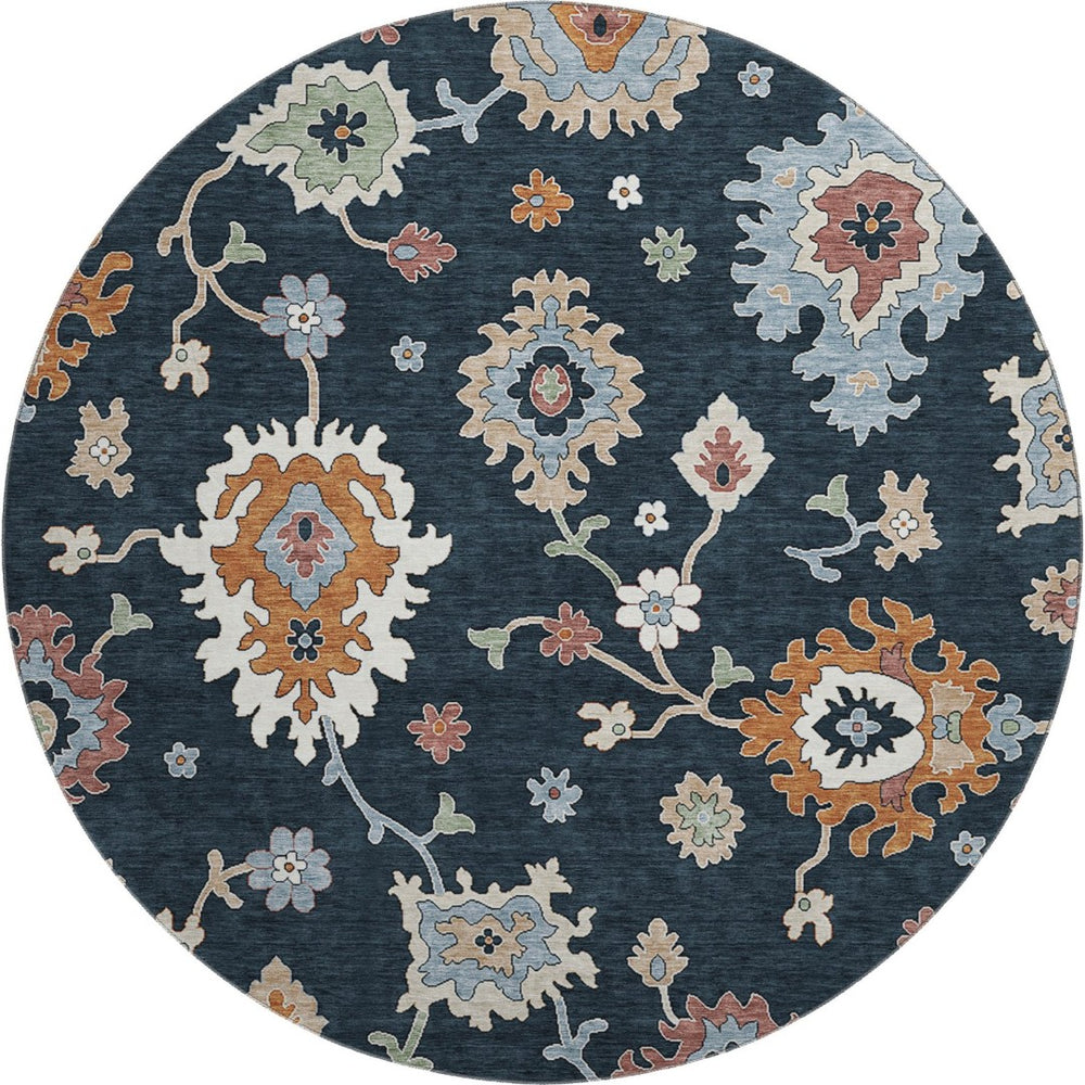 HomeRoots 8' Black Blue Ivory Floral Medallion Round Rug - Washable, UV Protected, Stain Resistant Design! 663266