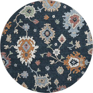 HomeRoots 8' Black Blue Ivory Floral Medallion Round Rug - Washable, UV Protected, Stain Resistant Design! 663266