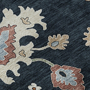 HomeRoots 8' Black Blue Ivory Floral Medallion Round Rug - Washable, UV Protected, Stain Resistant Design! 663266