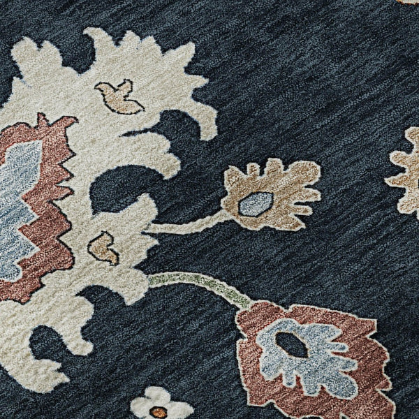 HomeRoots 8' Black Blue Ivory Floral Medallion Round Rug - Washable, UV Protected, Stain Resistant Design! 663266
