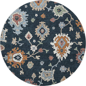 HomeRoots 8' Black Blue Ivory Floral Medallion Round Rug - Washable, UV Protected, Stain Resistant Design! 663266