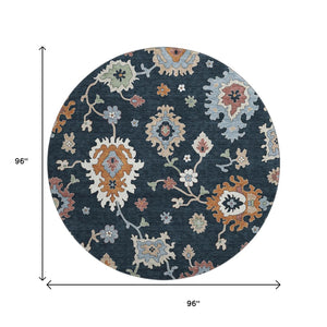 HomeRoots 8' Black Blue Ivory Floral Medallion Round Rug - Washable, UV Protected, Stain Resistant Design! 663266