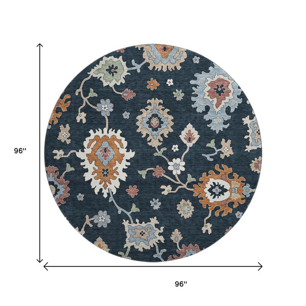 HomeRoots 8' Black Blue Ivory Floral Medallion Round Rug - Washable, UV Protected, Stain Resistant Design! 663266