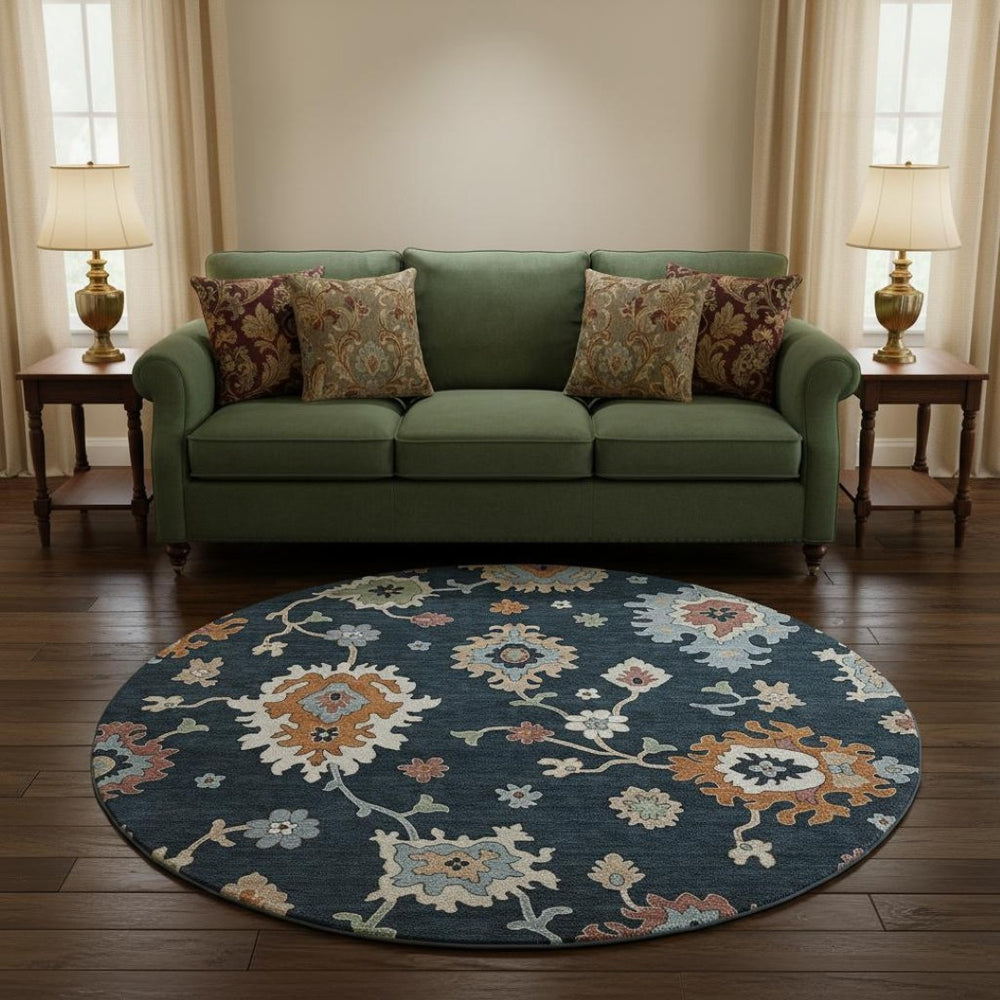HomeRoots 8' Black Blue Ivory Floral Medallion Round Rug - Washable, UV Protected, Stain Resistant Design! 663266
