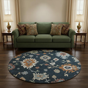 HomeRoots 8' Black Blue Ivory Floral Medallion Round Rug - Washable, UV Protected, Stain Resistant Design! 663266