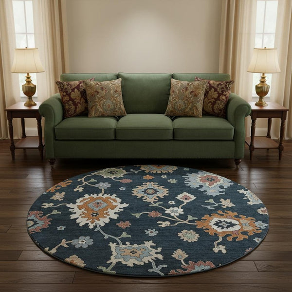 HomeRoots 8' Black Blue Ivory Floral Medallion Round Rug - Washable, UV Protected, Stain Resistant Design! 663266
