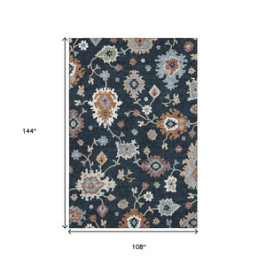 HomeRoots 9' X 12' Elegant Floral Medallion Area Rug in Black, Blue & Ivory - Washable, UV-Protected & Stain-Resistant 663268