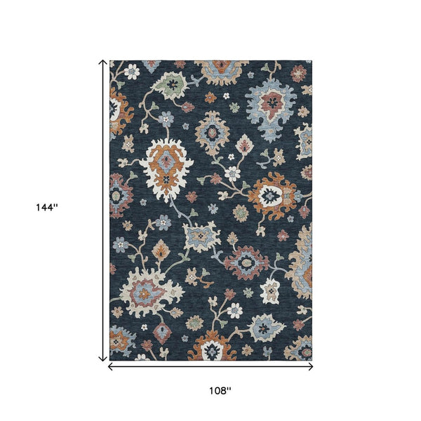 HomeRoots 9' X 12' Elegant Floral Medallion Area Rug in Black, Blue & Ivory - Washable, UV-Protected & Stain-Resistant 663268