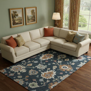 HomeRoots 9' X 12' Elegant Floral Medallion Area Rug in Black, Blue & Ivory - Washable, UV-Protected & Stain-Resistant 663268