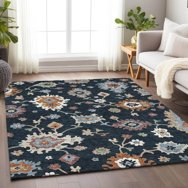 HomeRoots 9' X 12' Elegant Floral Medallion Area Rug in Black, Blue & Ivory - Washable, UV-Protected & Stain-Resistant 663268