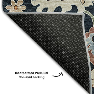 HomeRoots 9' X 12' Elegant Floral Medallion Area Rug in Black, Blue & Ivory - Washable, UV-Protected & Stain-Resistant 663268