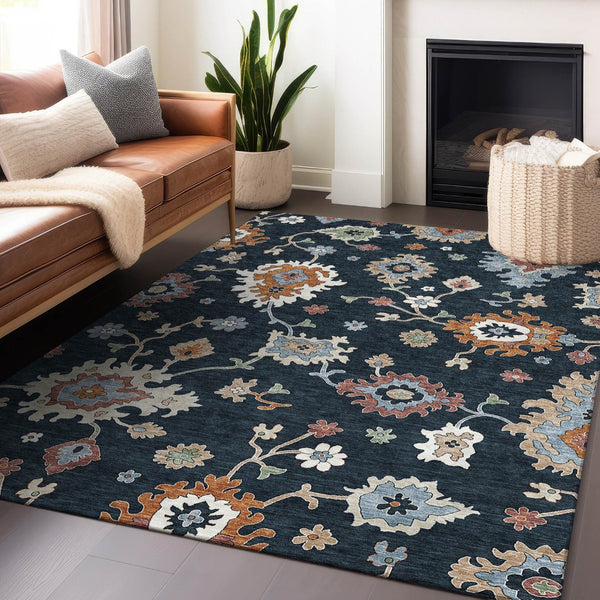 HomeRoots 9' X 12' Elegant Floral Medallion Area Rug in Black, Blue & Ivory - Washable, UV-Protected & Stain-Resistant 663268