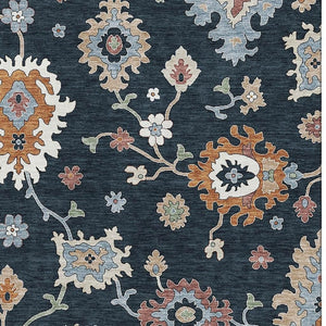 HomeRoots 9' X 12' Elegant Floral Medallion Area Rug in Black, Blue & Ivory - Washable, UV-Protected & Stain-Resistant 663268