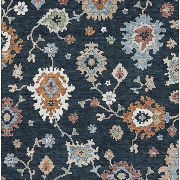 HomeRoots 9' X 12' Elegant Floral Medallion Area Rug in Black, Blue & Ivory - Washable, UV-Protected & Stain-Resistant 663268